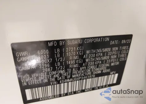 2023 Subaru Ascent Limited 7-Passenger z USA, uszkodzony, nr VIN 4S4WMAUDXP3463978